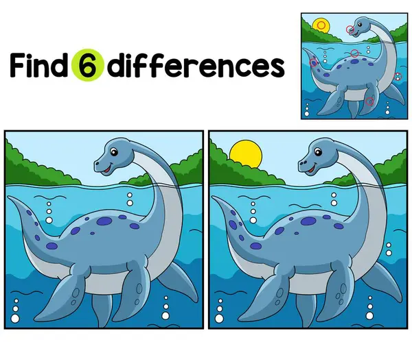 stock vector Find or spot the differences on this Plesiosaurus Dinosaur Kids activity page. It is a funny and educational puzzle-matching game for children.