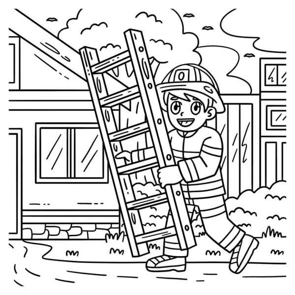 stock vector A cute and funny coloring page of Firefighter with a ladder. Provides hours of coloring fun for children. To color, this page is very easy. Suitable for little kids and toddlers.