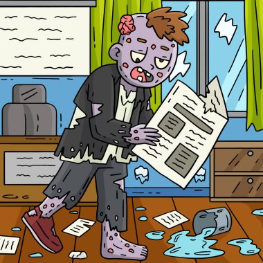 Bu karikatür klibinde elinde gazete illüstrasyonu olan bir zombi var..