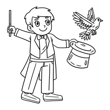 Şapkası ve güvercini olan bir sirk sihirbazının sevimli ve komik renkli sayfası. Çocuklar için saatlerce boyama eğlencesi sağlıyor. Renklendirmek için, bu sayfa çok kolaydır. Küçük çocuklar ve yeni yürümeye başlayanlar için uygun..