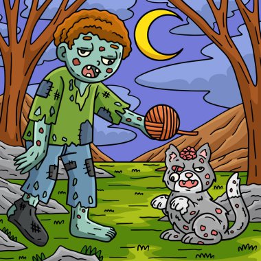 Bu karikatür bir Zombi ve Yaşayan Ölü Kedi illüstrasyonunu gösteriyor.
