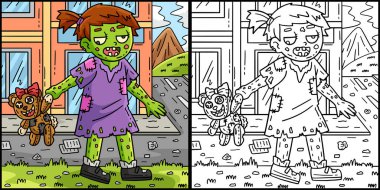 Bu boyama sayfasında Plushie 'li bir Zombi Kız var. Bu illüstrasyonun bir tarafı renkli ve çocuklar için bir ilham kaynağı..