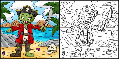 Bu renkli sayfada Korsan Zombi var. Bu illüstrasyonun bir tarafı renkli ve çocuklar için bir ilham kaynağı..