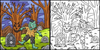 Bu renkli sayfa Ürkütücü Ağaç Altında Bir Zombi Gösteriyor. Bu illüstrasyonun bir tarafı renkli ve çocuklar için bir ilham kaynağı..