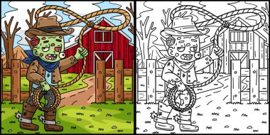 Bu boyama sayfasında Kovboy kıyafetli bir zombi var. Bu illüstrasyonun bir tarafı renkli ve çocuklar için bir ilham kaynağı..