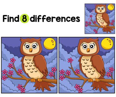 Ağaç dalındaki Baykuş aktivite sayfasındaki farklılıkları bul ya da tespit et. Çocuklar için eğlenceli ve eğitici bir bulmaca eşleştirme oyunudur..