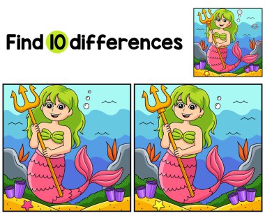 Denizkızı Üç Dişli Çocuklar aktivite sayfasındaki farklılıkları bul ya da tespit et. Çocuklar için eğlenceli ve eğitici bir bulmaca eşleştirme oyunudur..