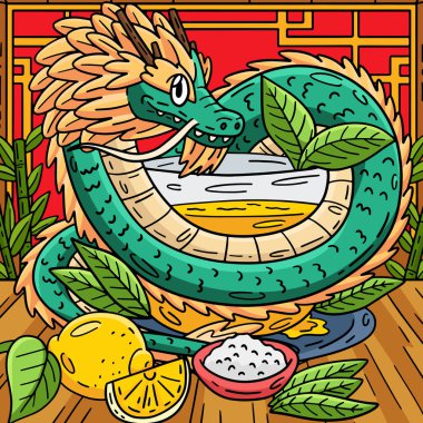 Bu karikatür, bir çay kupası illüstrasyonuyla Ejderha Yılı 'nı gösteriyor.