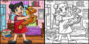 Bu boyama sayfasında Ejderha ile Ejderha Kız 'ın Yılı var. Bu illüstrasyonun bir tarafı renkli ve çocuklar için bir ilham kaynağı.