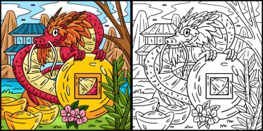 Bu boyama sayfasında Ejderha Tutma Parası Yılı var. Bu illüstrasyonun bir tarafı renkli ve çocuklar için bir ilham kaynağı.