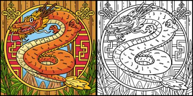 Bu boyama sayfasında Ejderha Doğulu Ejderha Yılı var. Bu illüstrasyonun bir tarafı renkli ve çocuklar için bir ilham kaynağı.