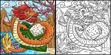 Bu renkli sayfa Ejderha ve Bambu Pirinç Keki Yılı 'nı gösteriyor. Bu illüstrasyonun bir tarafı renkli ve çocuklar için bir ilham kaynağı.