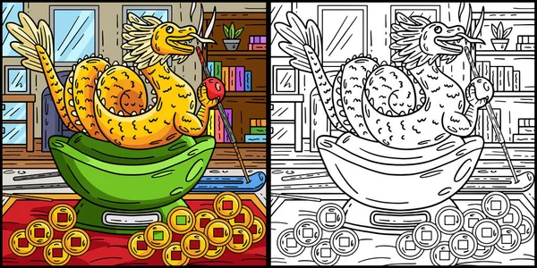 stock vector This coloring page shows a Year of the Dragon Feng Shui Dragon. One side of this illustration is colored and serves as an inspiration for children