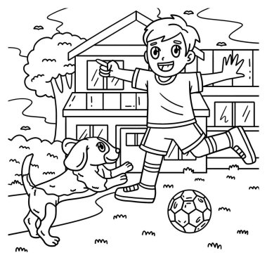 Çocuk ve Köpek Futbol Oynuyor 'un sevimli ve komik renkli bir sayfası. Çocuklar için saatlerce boyama eğlencesi sağlıyor. Renklendirmek için, bu sayfa çok kolaydır. Küçük çocuklar ve yeni yürümeye başlayanlar için uygun.. 