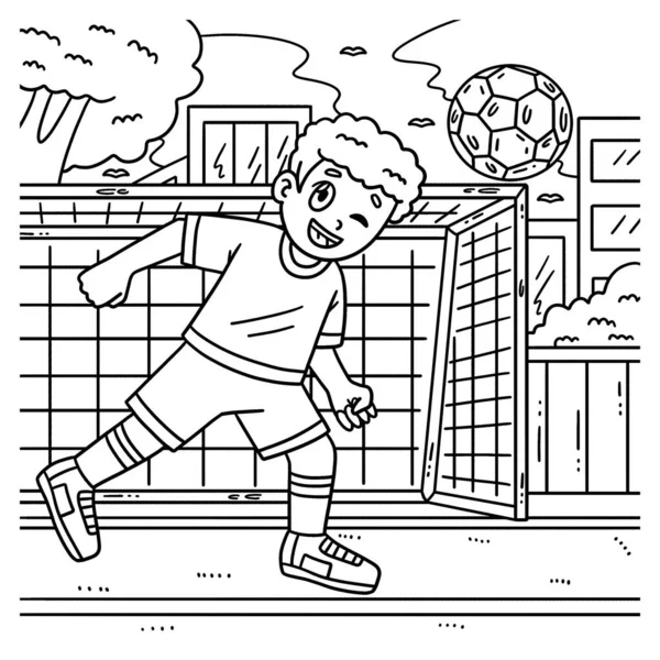 Симпатична Кумедна Розмальовка Хлопчика Футбольним Ячем Головою Надає Годинам Розмальовки — стоковий вектор