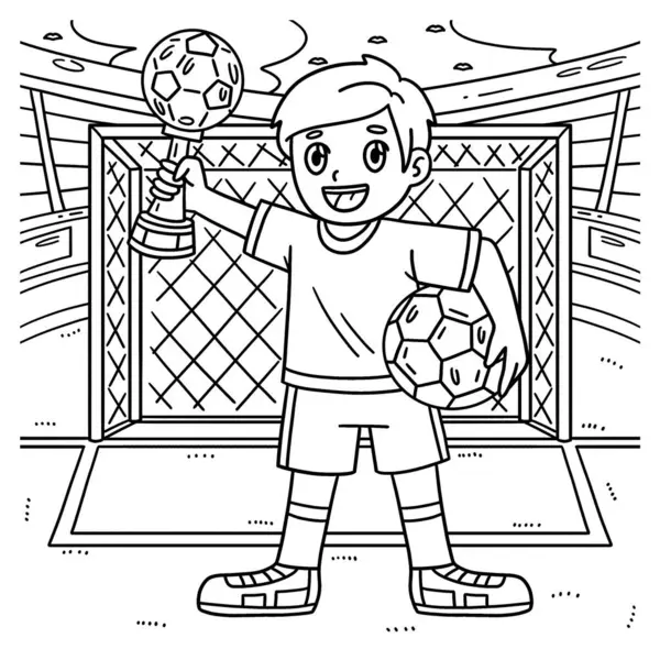 Een Leuke Grappige Kleurplaat Van Een Boy Soccer Trophy Zorgt — Stockvector