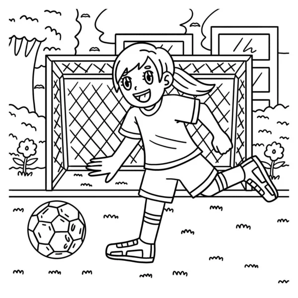 Een Leuke Grappige Kleurplaat Van Een Girl Chasing Soccer Ball — Stockvector