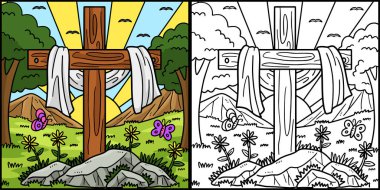 Bu boyama sayfası kumaşlı bir Hıristiyan Haçı 'nı gösteriyor. Bu illüstrasyonun bir tarafı renkli ve çocuklar için bir ilham kaynağı..