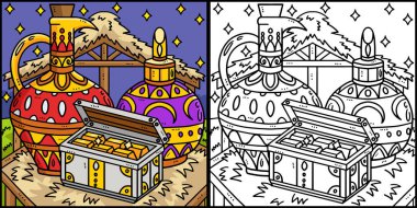 Bu boyama sayfası bir Hristiyan Magi hediyesini gösteriyor. Bu illüstrasyonun bir tarafı renkli ve çocuklar için bir ilham kaynağı..