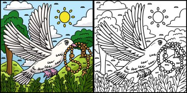 Bu boyama sayfasında tespihli Hristiyan bir güvercin var. Bu illüstrasyonun bir tarafı renkli ve çocuklar için bir ilham kaynağı..