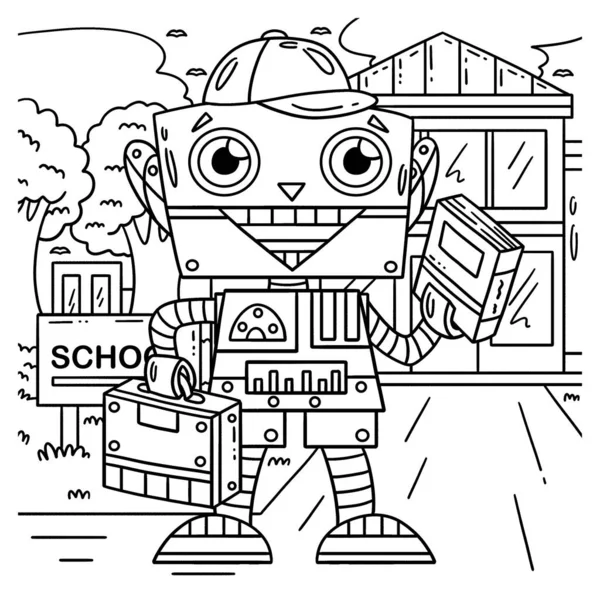Eine Süße Und Lustige Malseite Eines Roboters Der Zur Schule — Stockvektor