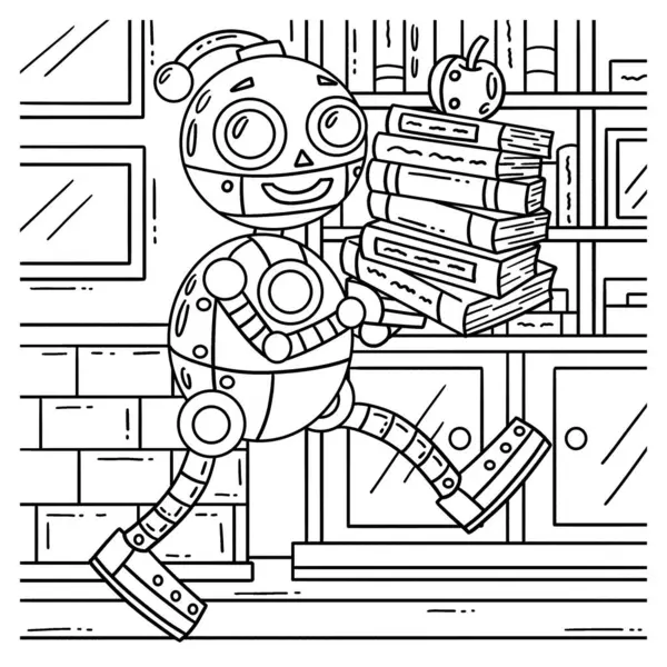 Een Leuke Grappige Kleurplaat Van Een Robot Carrying Books Zorgt — Stockvector