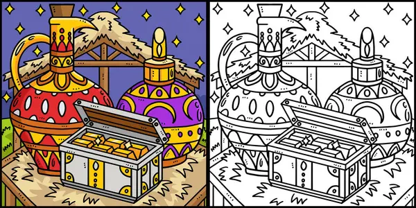 Bu boyama sayfası bir Hristiyan Magi hediyesini gösteriyor. Bu illüstrasyonun bir tarafı renkli ve çocuklar için bir ilham kaynağı..