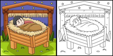 Bu boyama sayfası Hristiyan Bebek İsa 'yı gösteriyor. Bu illüstrasyonun bir tarafı renkli ve çocuklar için bir ilham kaynağı.. 