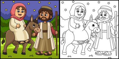 Bu boyama sayfası Christian Mary ve Joseph 'i gösteriyor. Bu illüstrasyonun bir tarafı renkli ve çocuklar için bir ilham kaynağı.. 