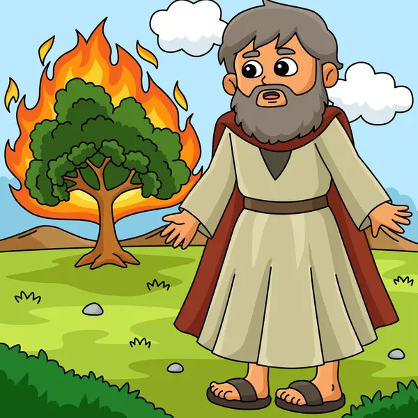 stock vector This cartoon clipart shows a Moses and Burning Bush illustration.