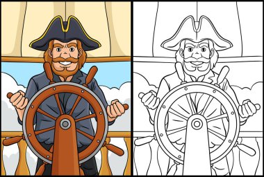 Bu boyama sayfasında dümende bir korsan var. Bu illüstrasyonun bir tarafı renkli ve çocuklar için bir ilham kaynağı..