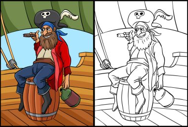Bu renkli sayfada varilde oturan bir korsan var. Bu illüstrasyonun bir tarafı renkli ve çocuklar için bir ilham kaynağı..