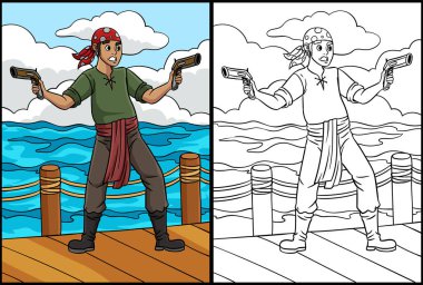 Bu boyama sayfasında silahlı bir korsan var. Bu illüstrasyonun bir tarafı renkli ve çocuklar için bir ilham kaynağı..