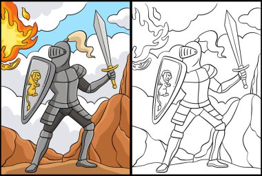 Bu renklendirme sayfasında Savaşçı Pozu içindeki bir şövalye var. Bu illüstrasyonun bir tarafı renkli ve çocuklar için bir ilham kaynağı..