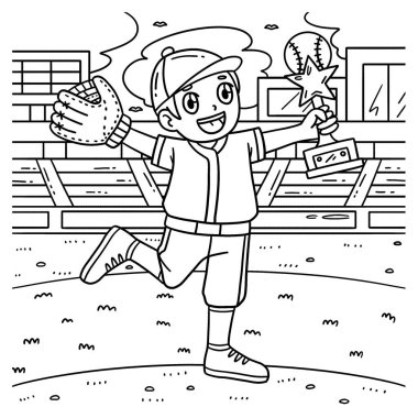 Beyzbol kupası olan bir çocuğun sevimli ve komik renkli sayfası. Çocuklar için saatlerce boyama eğlencesi sağlıyor. Renklendirmek için, bu sayfa çok kolaydır. Küçük çocuklar ve yeni yürümeye başlayanlar için uygun..