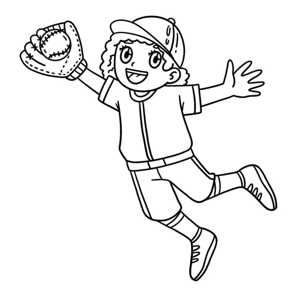 Een Leuke Grappige Kleurplaat Van Een Girl Fielder Catching Baseball — Stockvector