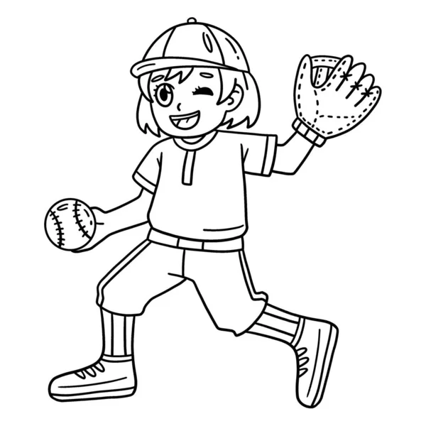 Halaman Pewarnaan Yang Lucu Dan Lucu Dari Pelempar Gadis Baseball - Stok Vektor