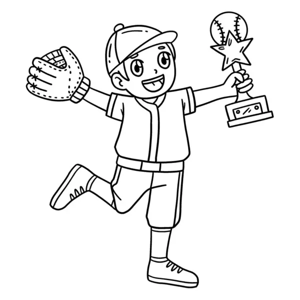 Мила Кумедна Розмальовка Хлопчик Бейсбольним Трофеєм Надає Годинам Розмальовки Веселощів — стоковий вектор