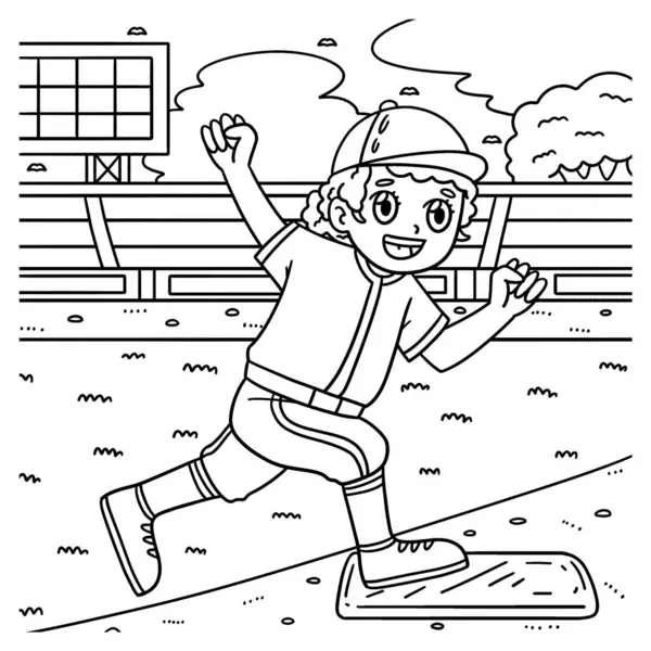 stock vector A cute and funny coloring page of a Baseball Girl Reaching Base. Provides hours of coloring fun for children. To color, this page is very easy. Suitable for little kids and toddlers.