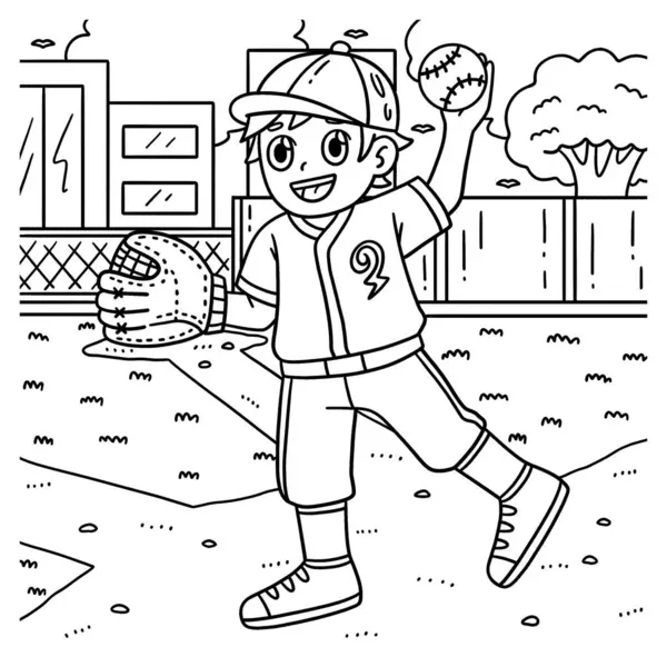 Een Leuke Grappige Kleurplaat Van Een Baseball Boy Pitching Zorgt — Stockvector