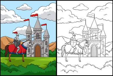 Bu renkli sayfa Kalenin Önünde Ata Binen Şövalyeyi gösteriyor. Bu illüstrasyonun bir tarafı renkli ve çocuklar için bir ilham kaynağı..