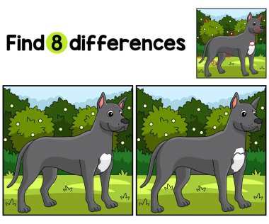 Dane Dog Kids aktivite sayfasındaki farklılıkları bul ya da bul. Çocuklar için eğlenceli ve eğitici bir bulmaca eşleştirme oyunudur..