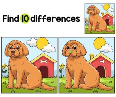 Goldendoodle Dog Kids aktivite sayfasındaki farklılıkları bul ya da bul. Çocuklar için eğlenceli ve eğitici bir bulmaca eşleştirme oyunudur..