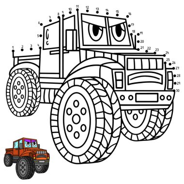 A cute and funny connect the dots Off Road Truck with Face Vehicle coloring page. clipart