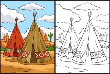 Bu boyama sayfası Kızılderili Kızılderili Çadırı 'nı gösteriyor. Bu illüstrasyonun bir tarafı renkli ve çocuklar için bir ilham kaynağı..