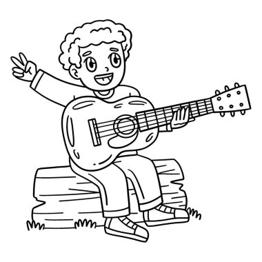 Gitar çalan bir kampçının sevimli ve komik renkli sayfası. Çocuklar için saatlerce boyama eğlencesi sağlıyor. Renklendirmek için, bu sayfa çok kolaydır. Küçük çocuklar ve yeni yürümeye başlayanlar için uygun..