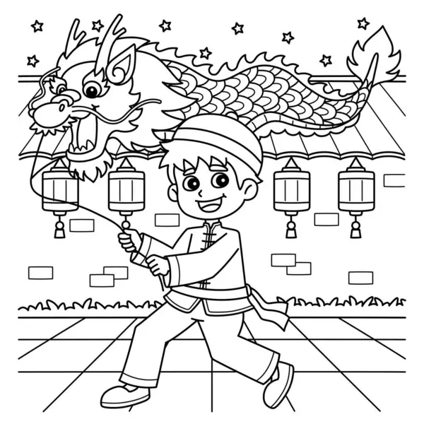 stock vector A cute and funny coloring page of a Chinese Boy holding a Dragon Lantern. Provides hours of coloring fun for children. To color, this page is very easy. Suitable for little kids and toddlers.