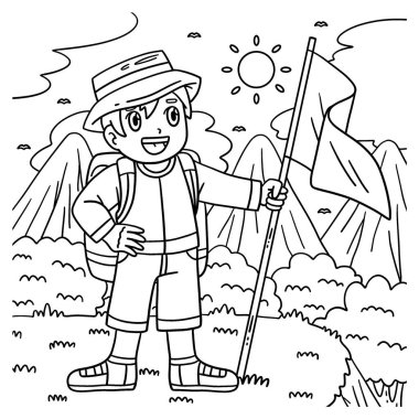 Bayrağı olan bir kamp kampçısının sevimli ve komik renkli sayfası. Çocuklar için saatlerce boyama eğlencesi sağlıyor. Renklendirmek için, bu sayfa çok kolaydır. Küçük çocuklar ve yeni yürümeye başlayanlar için uygun..