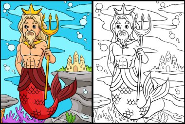Bu renkli sayfa Merman King 'i gösteriyor. Bu illüstrasyonun bir tarafı renkli ve çocuklar için bir ilham kaynağı..