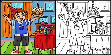 Bu boyama sayfasında pastayı tutan bir doğum günü çocuğu var. Bu illüstrasyonun bir tarafı renkli ve çocuklar için bir ilham kaynağı..